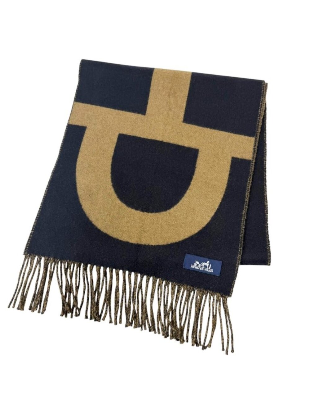 Hermes Grand Mall Cashmere 100% Horsebit Fringe Scarf Shawl Navy Brown